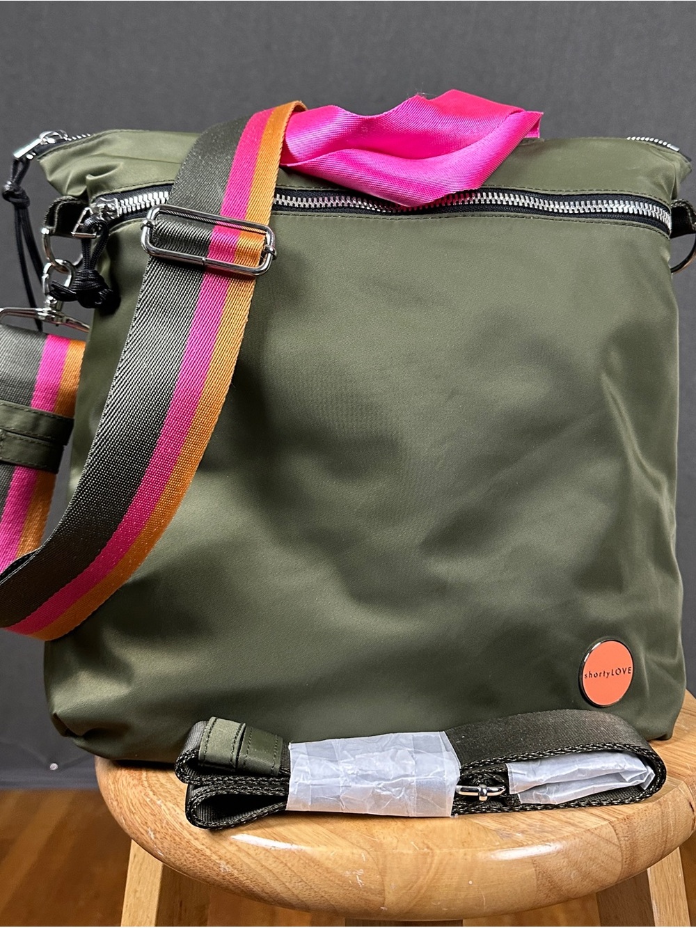 shortyLOVE WONDER army green large crossbody bag, orig strap and boardwalk strap